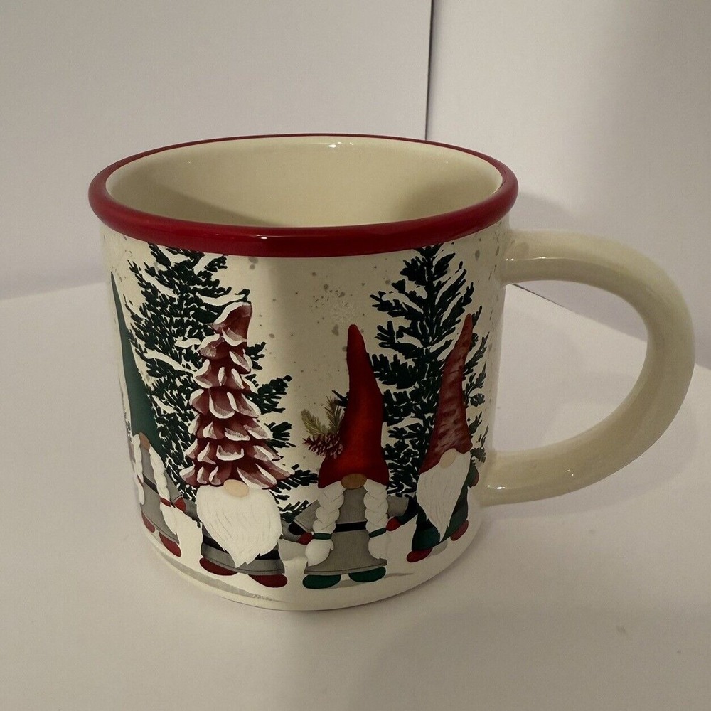 Gnomes Mug 17 oz Ceramic Red Rim Mug-St. Nicholas Square-Snowy Evergreen Scene